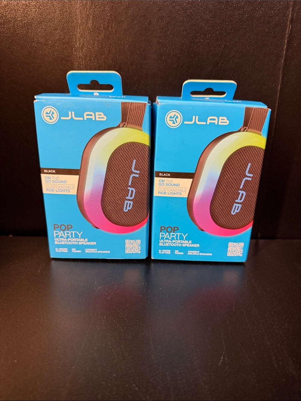 NIB JLab Pop Party Ultra Portable Bluetooth Speaker Bundle Matching Black Pair
